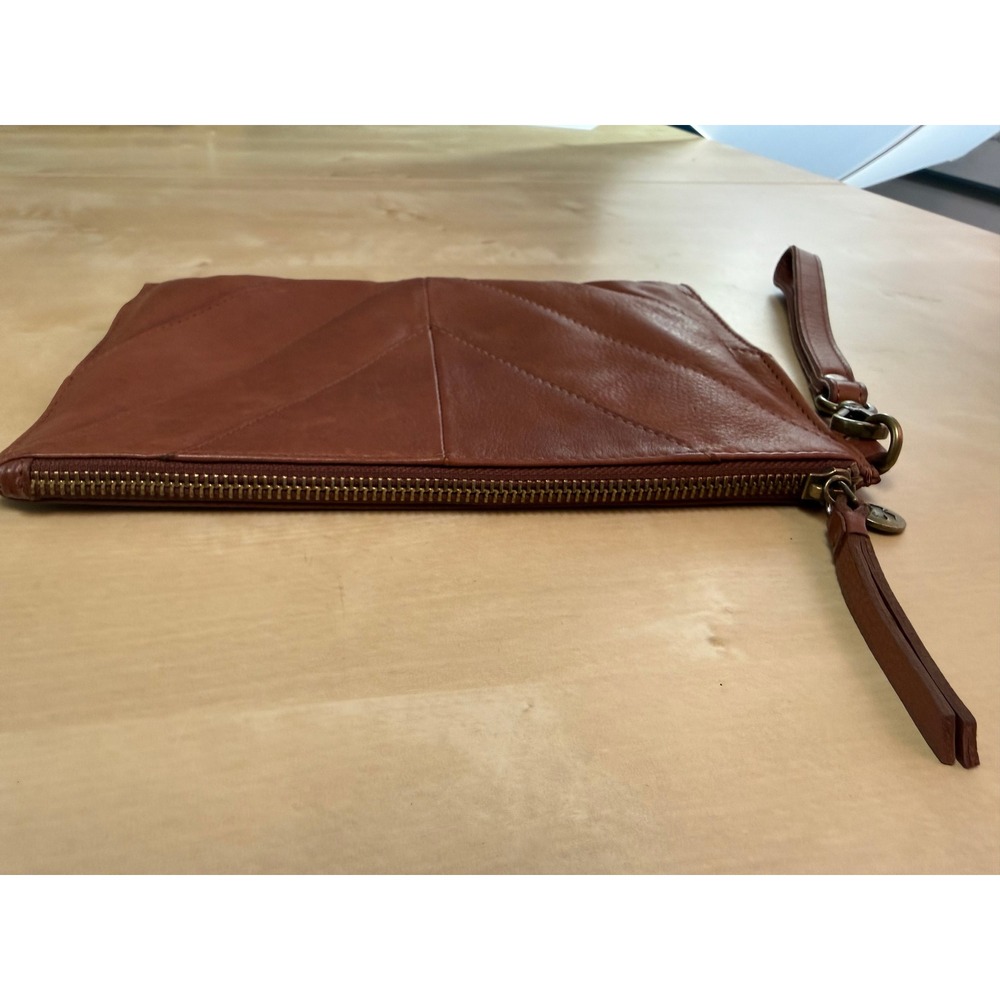 Lucky Brand Cognac Brown Leather Chevron Stitch Wristlet Clutch Bag - Picture 6 of 10